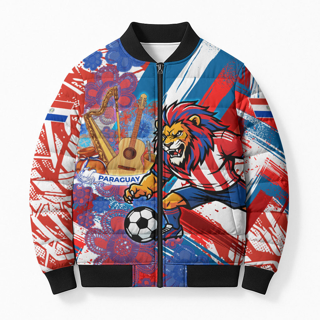 Personalized Paraguay Soccer Bomber Puffer Jacket Lion Football Mascot - Guarani Folk Art - Traditional Harp And Guitar