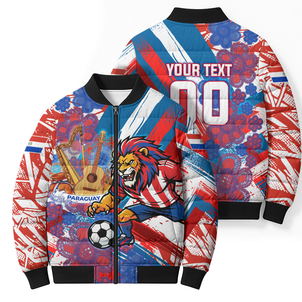 Personalized Paraguay Soccer Bomber Puffer Jacket Lion Football Mascot - Guarani Folk Art - Traditional Harp And Guitar