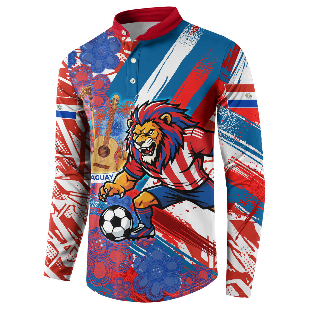 Personalized Paraguay Soccer Button Sweatshirt Lion Football Mascot - Guarani Folk Art - Traditional Harp And Guitar
