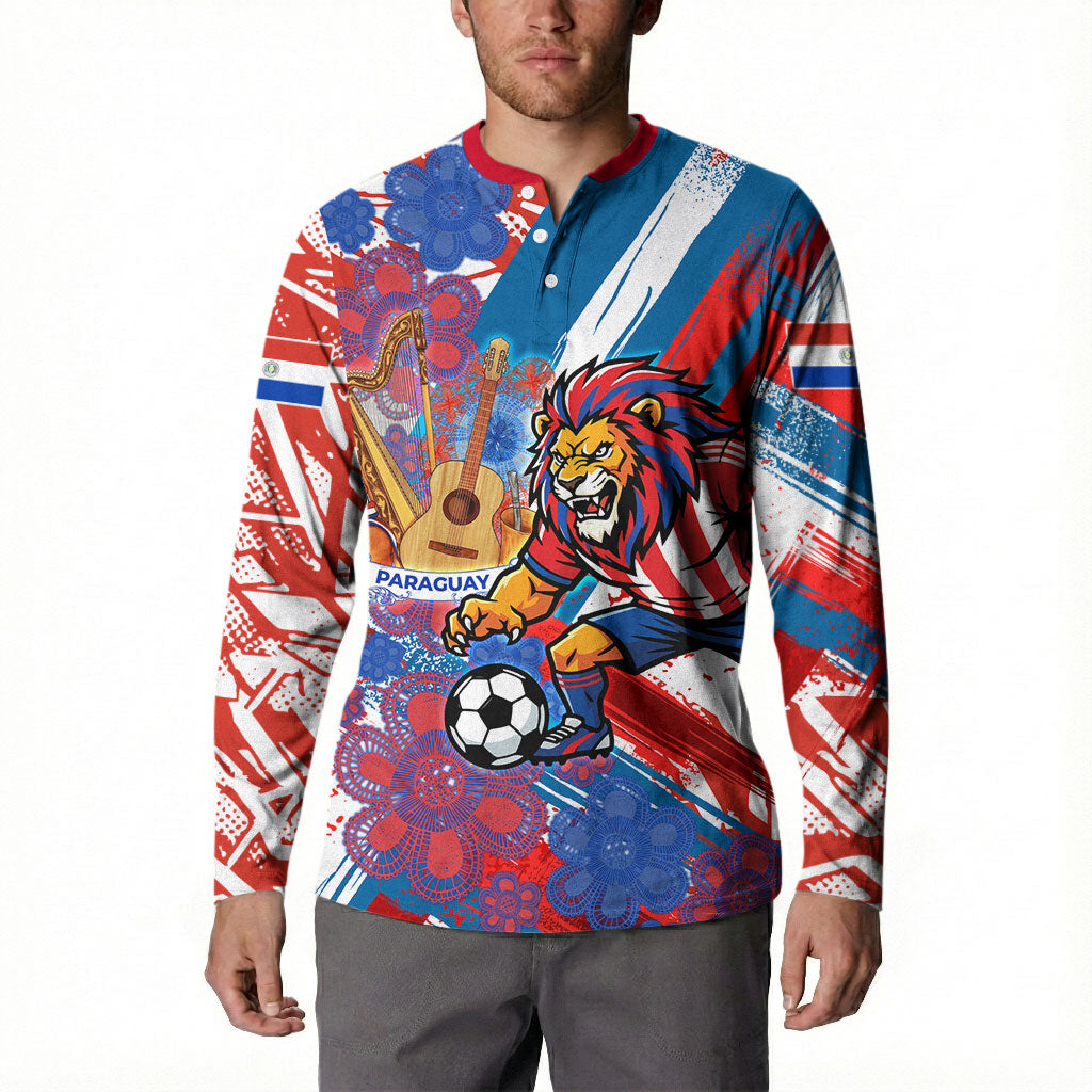 Personalized Paraguay Soccer Button Sweatshirt Lion Football Mascot - Guarani Folk Art - Traditional Harp And Guitar