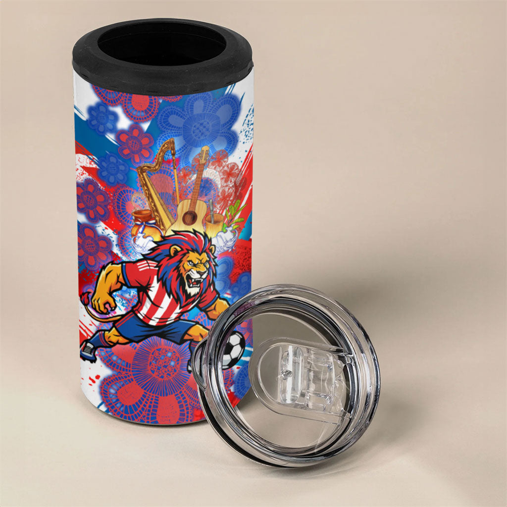 Personalized Paraguay Soccer 4 in 1 Can Cooler Tumbler Lion Football Mascot - Guarani Folk Art - Traditional Harp And Guitar