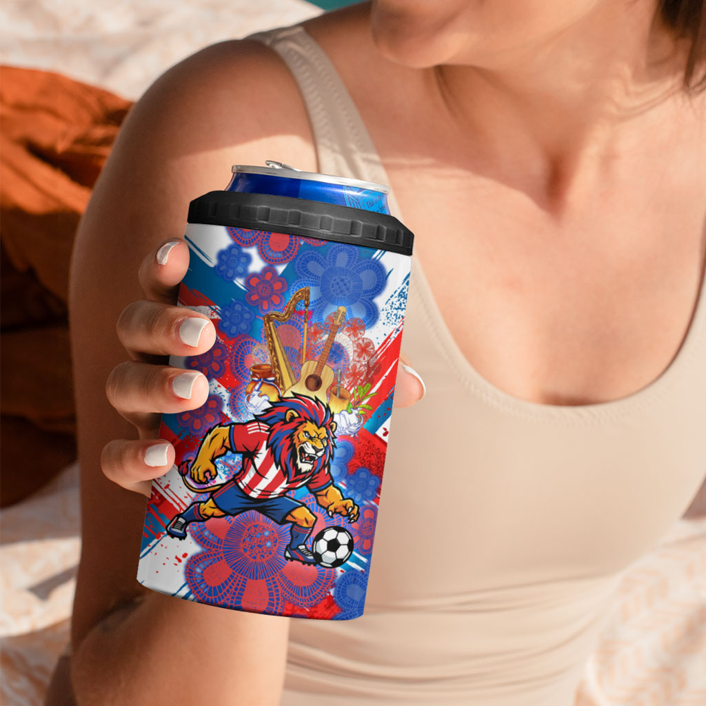 Personalized Paraguay Soccer 4 in 1 Can Cooler Tumbler Lion Football Mascot - Guarani Folk Art - Traditional Harp And Guitar