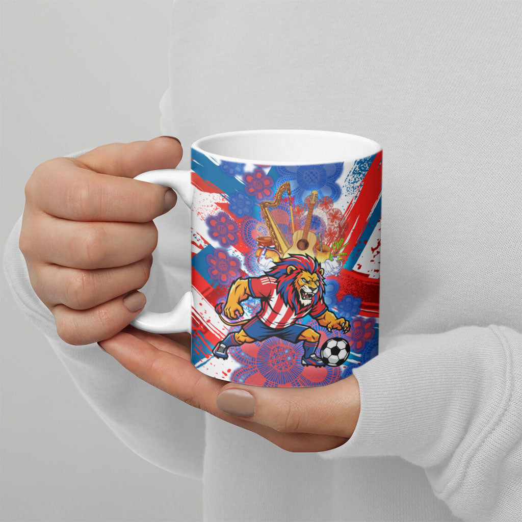 Personalized Paraguay Soccer Ceramic Mug Lion Football Mascot - Guarani Folk Art - Traditional Harp And Guitar