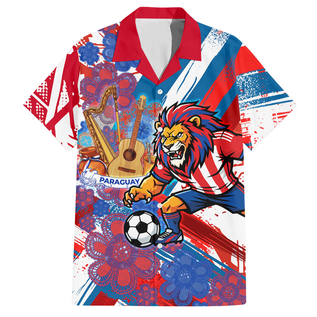 Personalized Paraguay Soccer Hawaiian Shirt Lion Football Mascot - Guarani Folk Art - Traditional Harp And Guitar