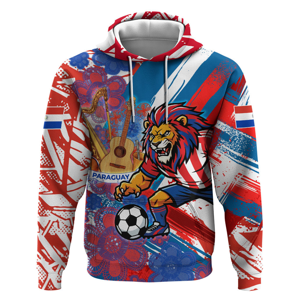 Personalized Paraguay Soccer Hoodie Lion Football Mascot - Guarani Folk Art - Traditional Harp And Guitar