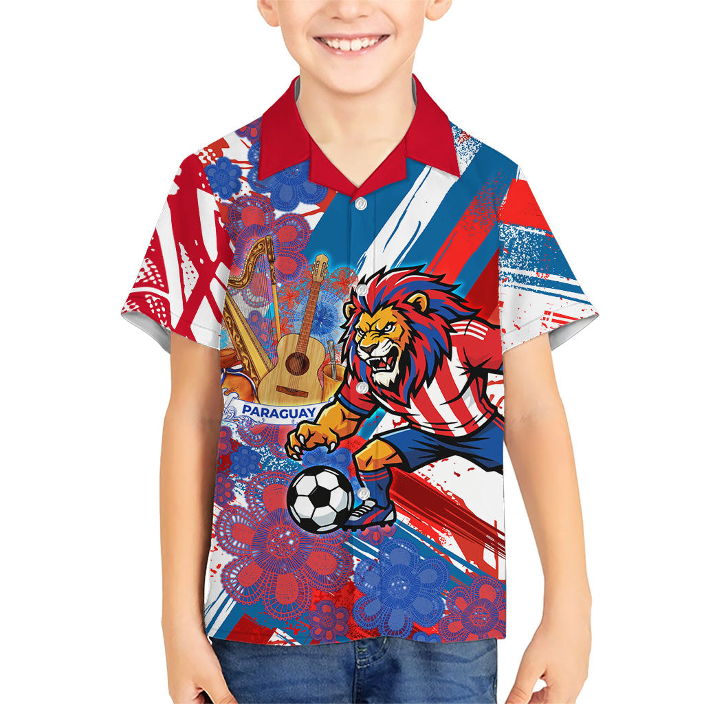 Personalized Paraguay Soccer Kid Hawaiian Shirt Lion Football Mascot - Guarani Folk Art - Traditional Harp And Guitar