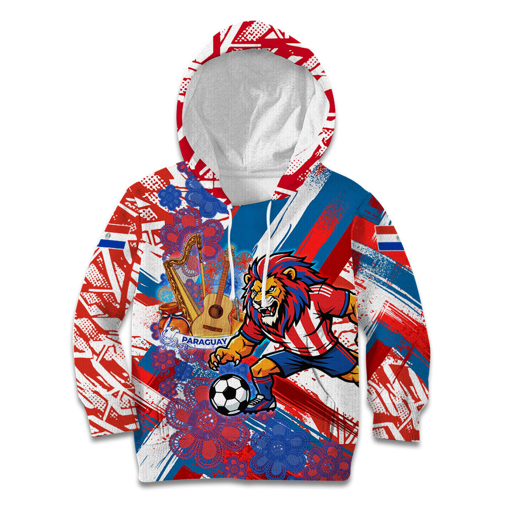 Personalized Paraguay Soccer Kid Hoodie Lion Football Mascot - Guarani Folk Art - Traditional Harp And Guitar