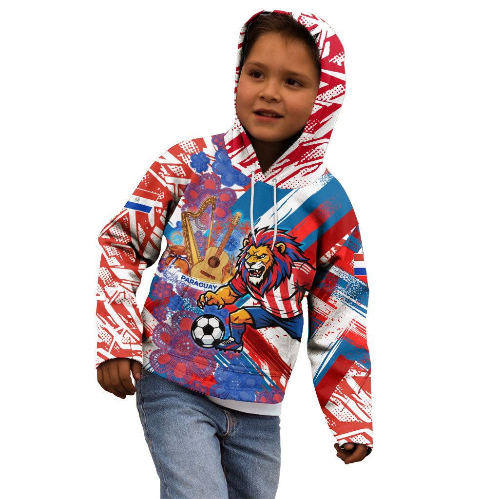 Personalized Paraguay Soccer Kid Hoodie Lion Football Mascot - Guarani Folk Art - Traditional Harp And Guitar