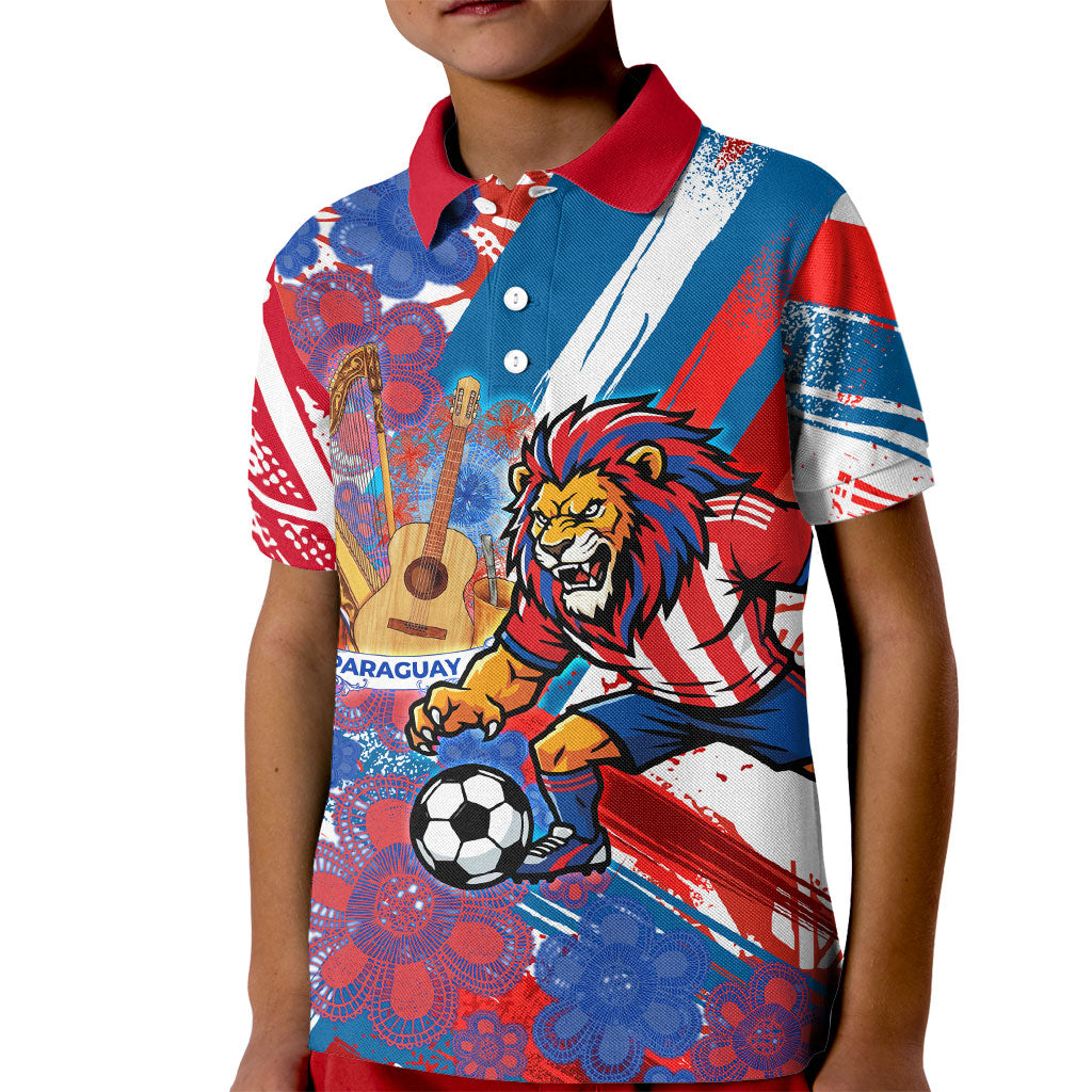 Personalized Paraguay Soccer Kid Polo Shirt Lion Football Mascot - Guarani Folk Art - Traditional Harp And Guitar