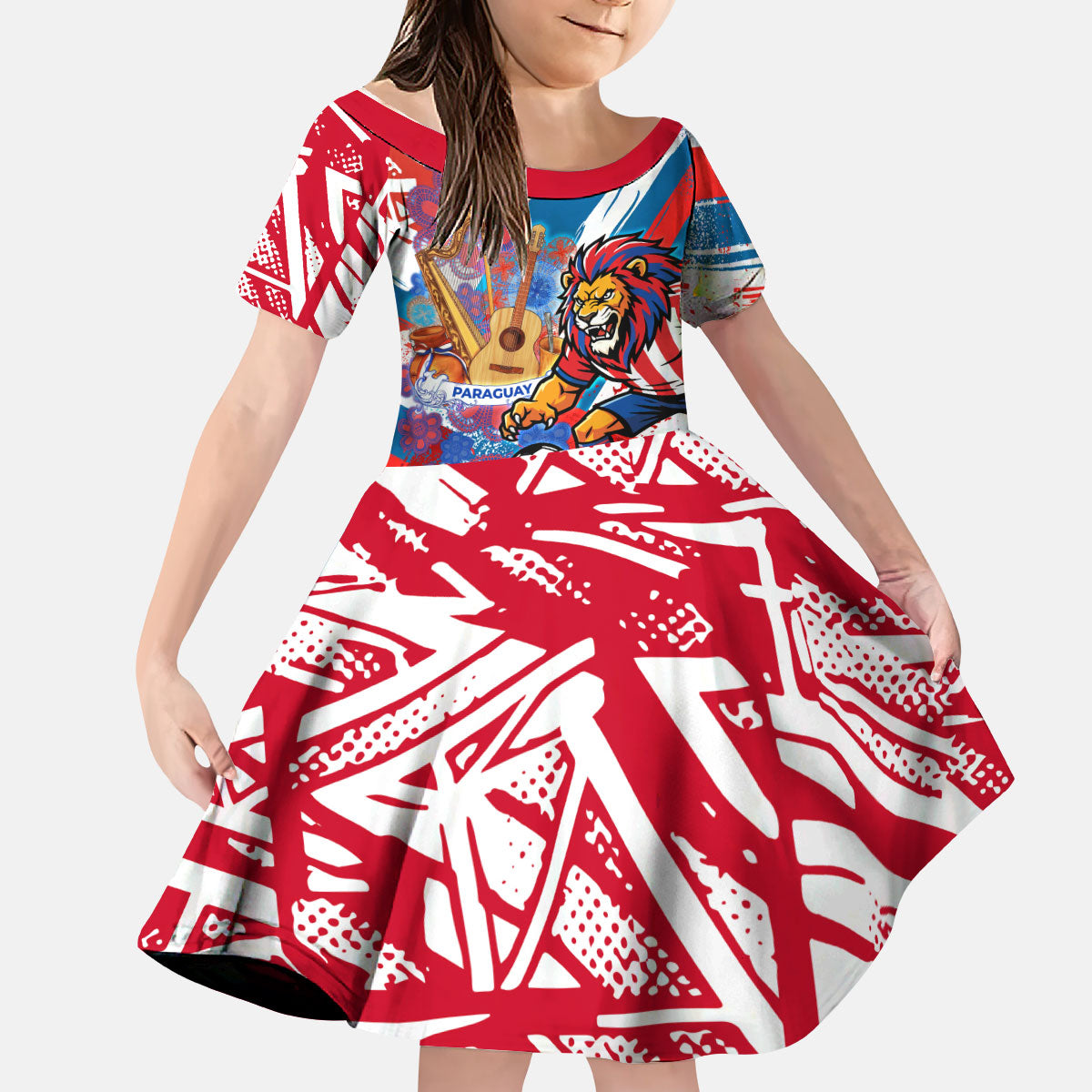 Personalized Paraguay Soccer Kid Short Sleeve Dress Lion Football Mascot - Guarani Folk Art - Traditional Harp And Guitar