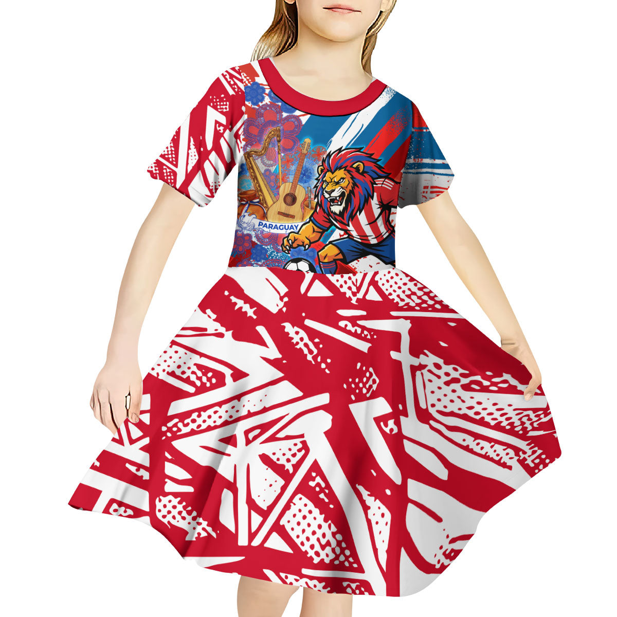 Personalized Paraguay Soccer Kid Short Sleeve Dress Lion Football Mascot - Guarani Folk Art - Traditional Harp And Guitar