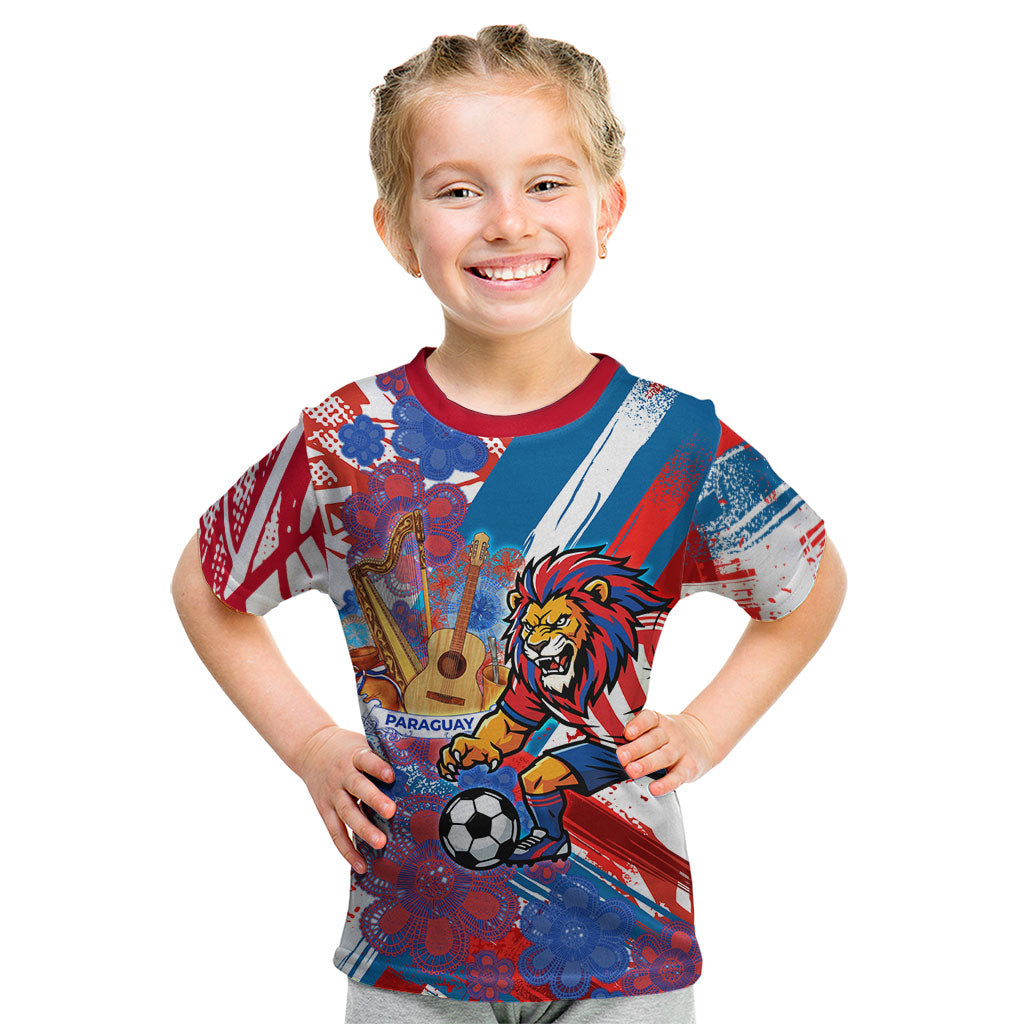 Personalized Paraguay Soccer Kid T Shirt Lion Football Mascot - Guarani Folk Art - Traditional Harp And Guitar