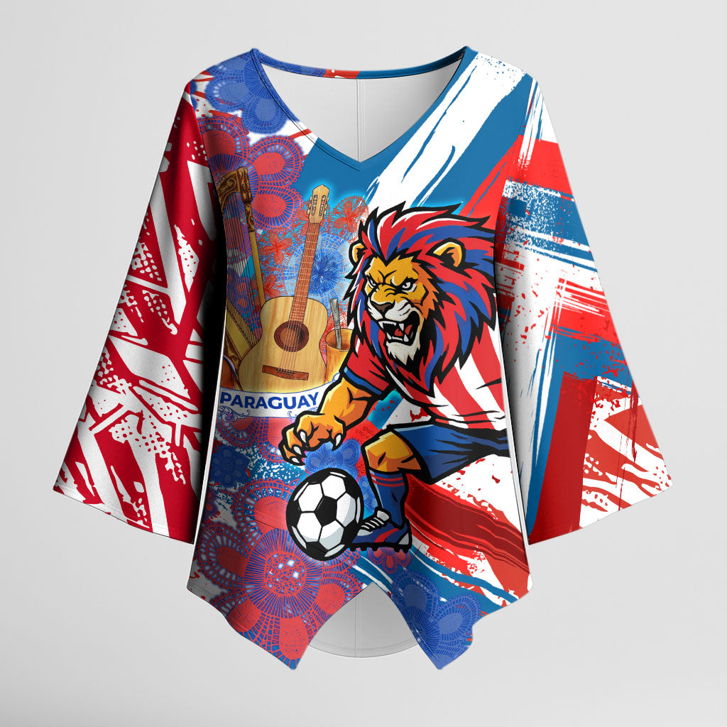 Personalized Paraguay Soccer Kimono Sleeve Blouse Lion Football Mascot - Guarani Folk Art - Traditional Harp And Guitar