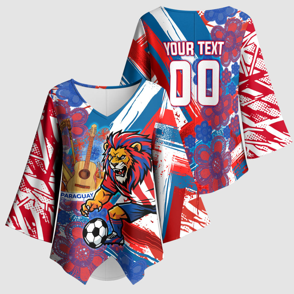 Personalized Paraguay Soccer Kimono Sleeve Blouse Lion Football Mascot - Guarani Folk Art - Traditional Harp And Guitar