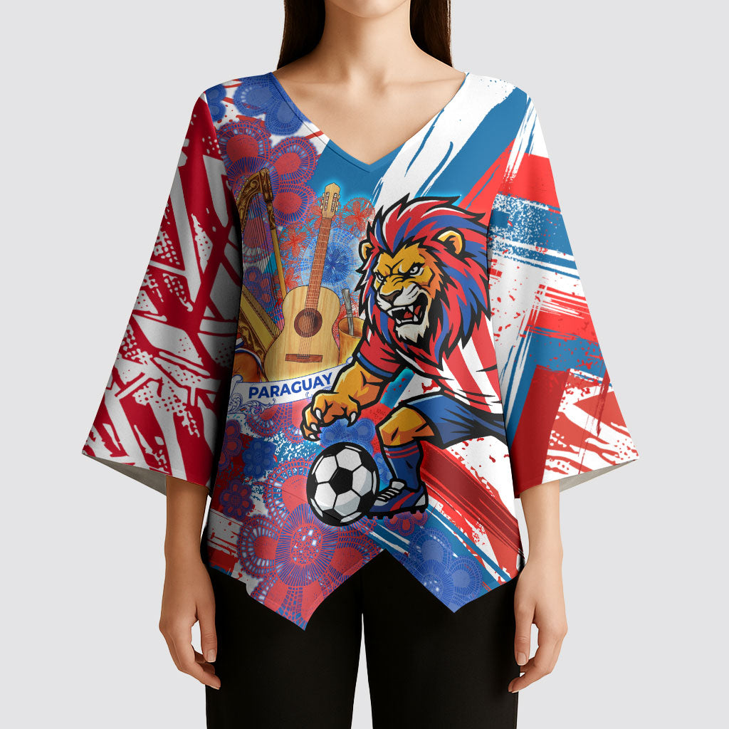 Personalized Paraguay Soccer Kimono Sleeve Blouse Lion Football Mascot - Guarani Folk Art - Traditional Harp And Guitar