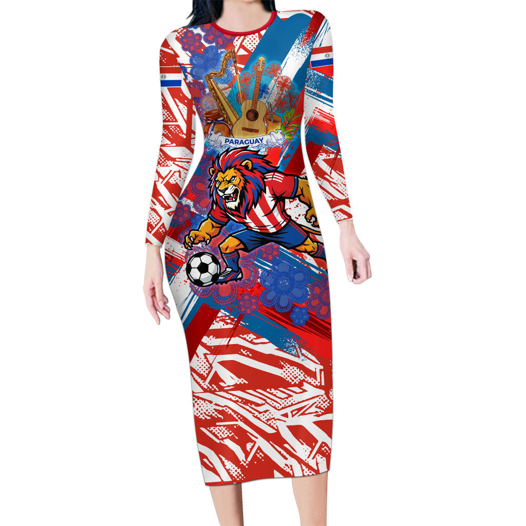 Personalized Paraguay Soccer Long Sleeve Bodycon Dress Lion Football Mascot - Guarani Folk Art - Traditional Harp And Guitar