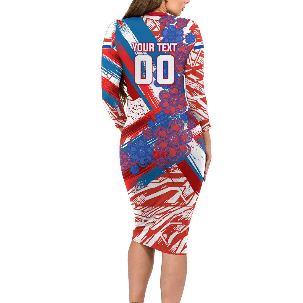 Personalized Paraguay Soccer Long Sleeve Bodycon Dress Lion Football Mascot - Guarani Folk Art - Traditional Harp And Guitar
