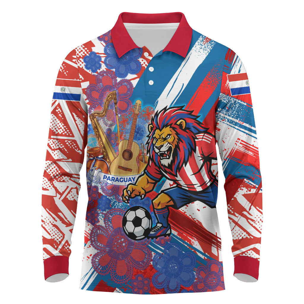 Personalized Paraguay Soccer Long Sleeve Polo Shirt Lion Football Mascot - Guarani Folk Art - Traditional Harp And Guitar