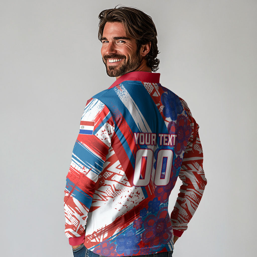 Personalized Paraguay Soccer Long Sleeve Polo Shirt Lion Football Mascot - Guarani Folk Art - Traditional Harp And Guitar