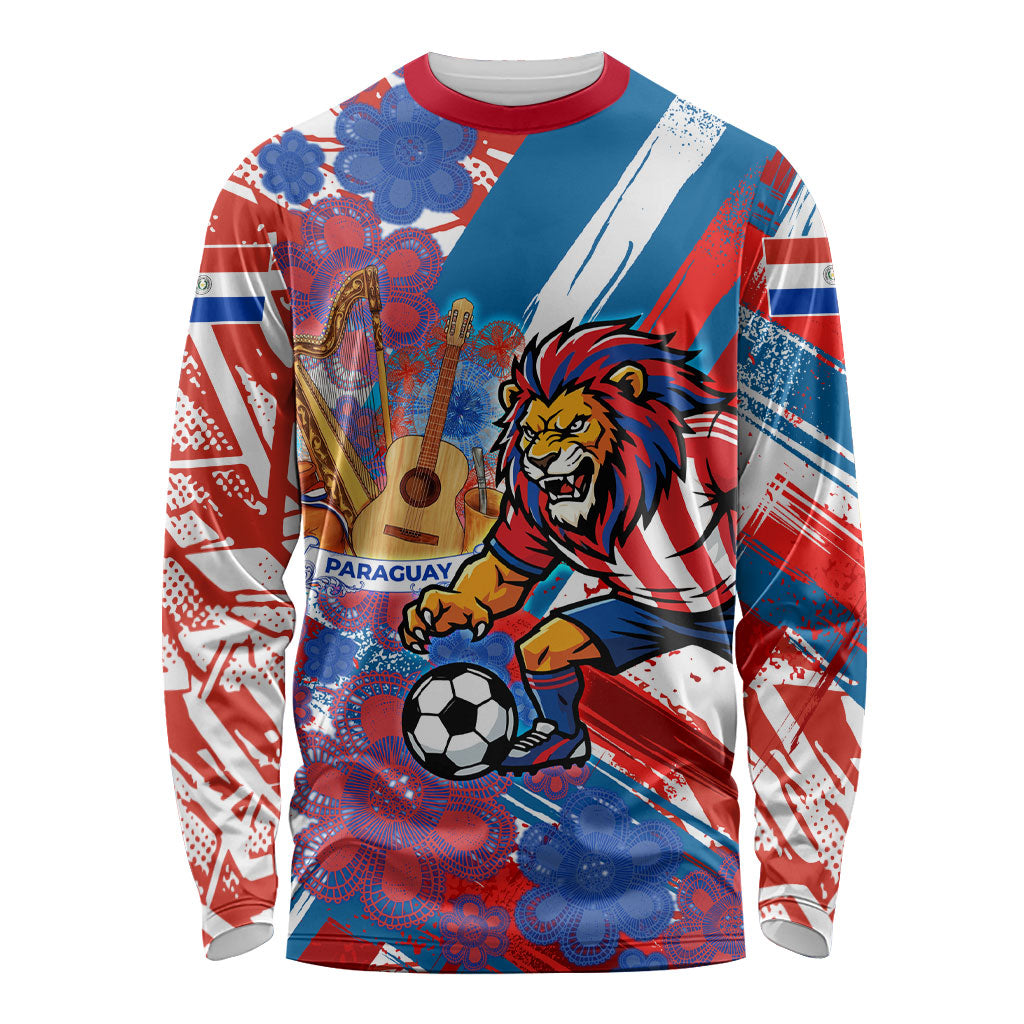 Personalized Paraguay Soccer Long Sleeve Shirt Lion Football Mascot - Guarani Folk Art - Traditional Harp And Guitar