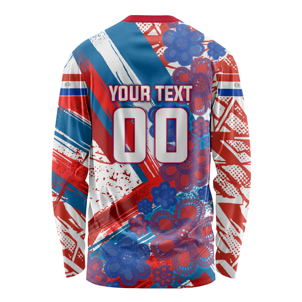 Personalized Paraguay Soccer Long Sleeve Shirt Lion Football Mascot - Guarani Folk Art - Traditional Harp And Guitar