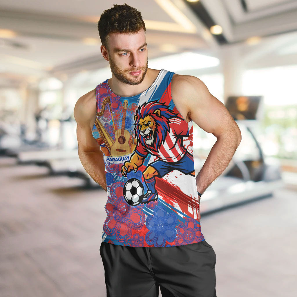 Personalized Paraguay Soccer Men Tank Top Lion Football Mascot - Guarani Folk Art - Traditional Harp And Guitar