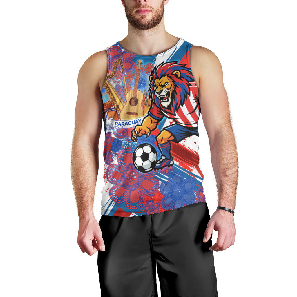 Personalized Paraguay Soccer Men Tank Top Lion Football Mascot - Guarani Folk Art - Traditional Harp And Guitar