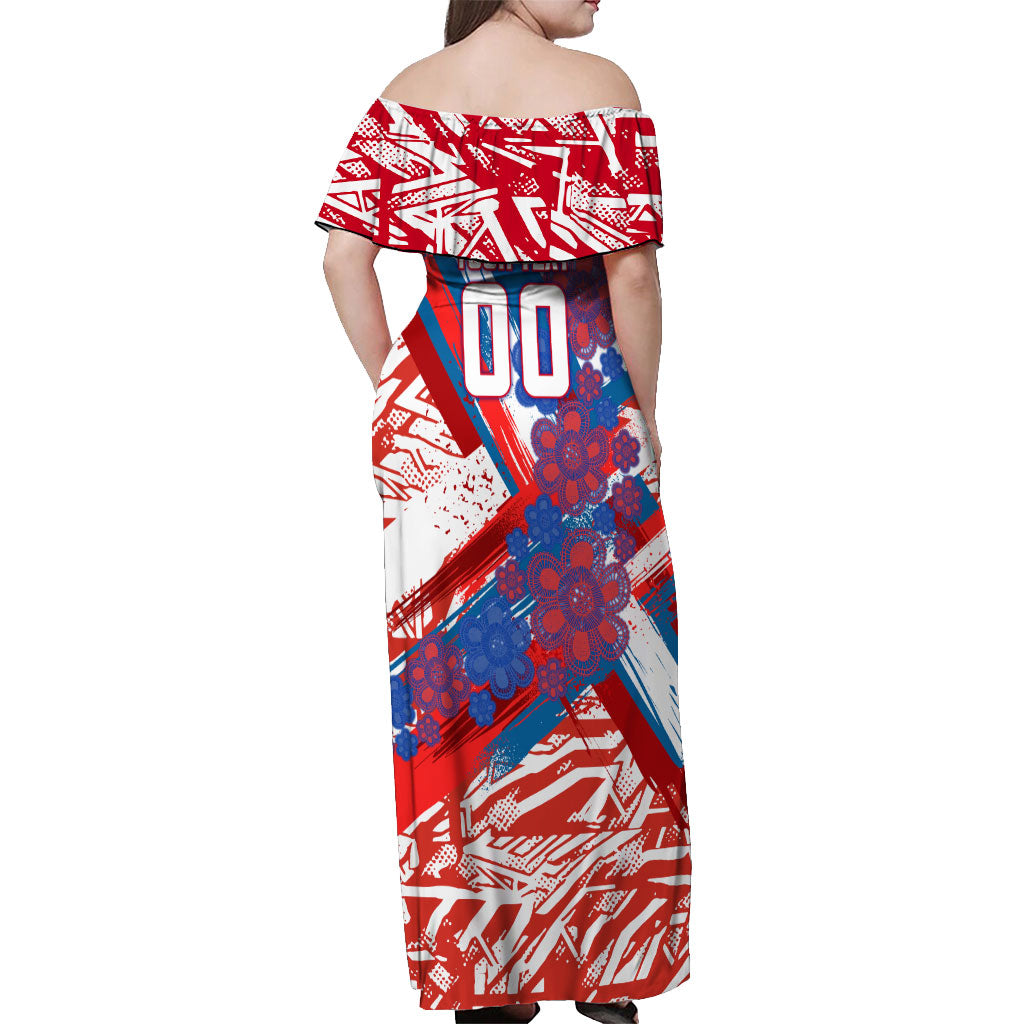 Personalized Paraguay Soccer Off Shoulder Maxi Dress Lion Football Mascot - Guarani Folk Art - Traditional Harp And Guitar
