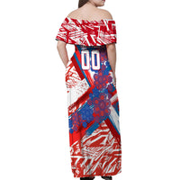 Personalized Paraguay Soccer Off Shoulder Maxi Dress Lion Football Mascot - Guarani Folk Art - Traditional Harp And Guitar