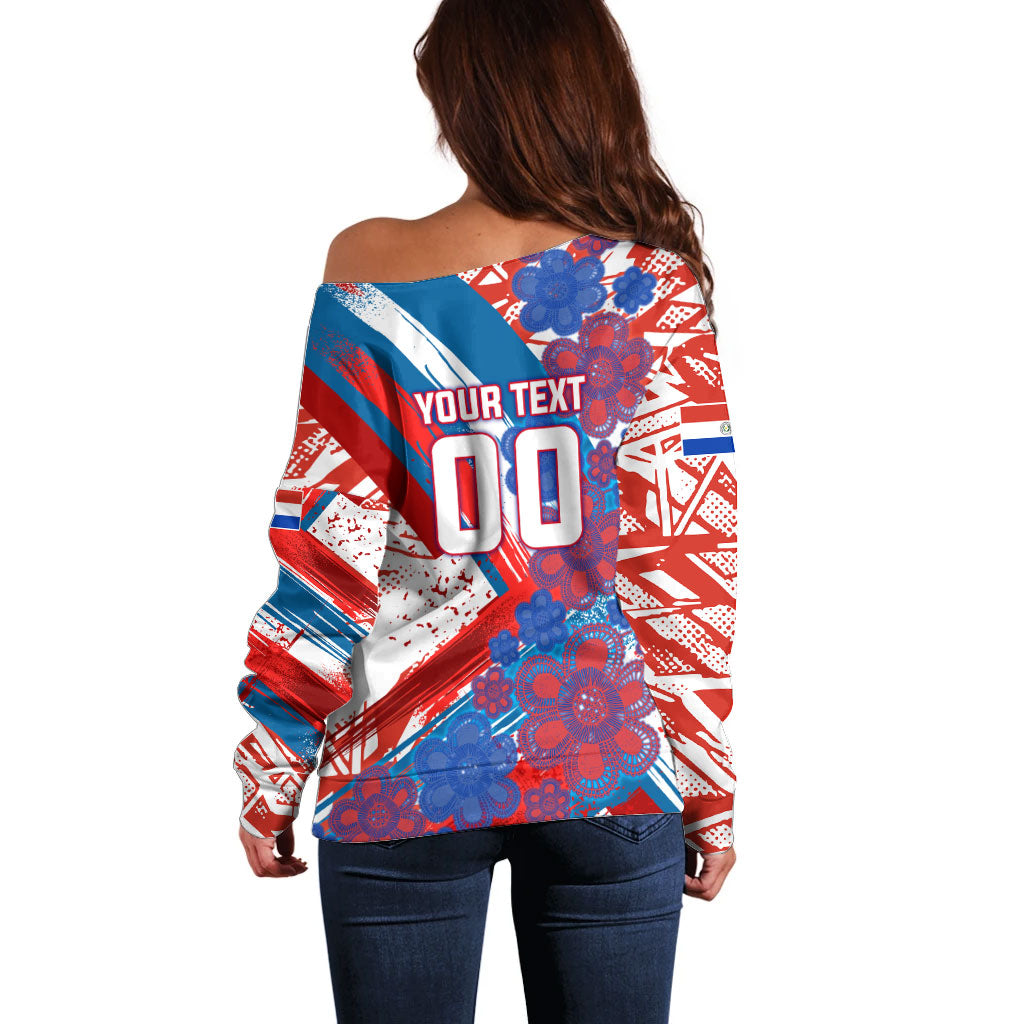 Personalized Paraguay Soccer Off Shoulder Sweater Lion Football Mascot - Guarani Folk Art - Traditional Harp And Guitar