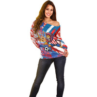 Personalized Paraguay Soccer Off Shoulder Sweater Lion Football Mascot - Guarani Folk Art - Traditional Harp And Guitar