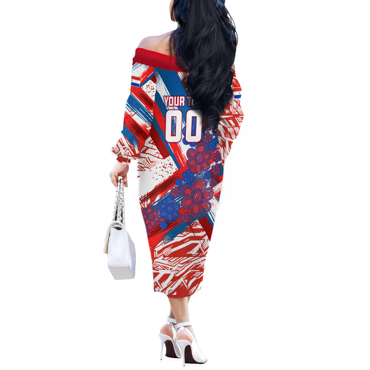 Personalized Paraguay Soccer Off The Shoulder Long Sleeve Dress Lion Football Mascot - Guarani Folk Art - Traditional Harp And Guitar