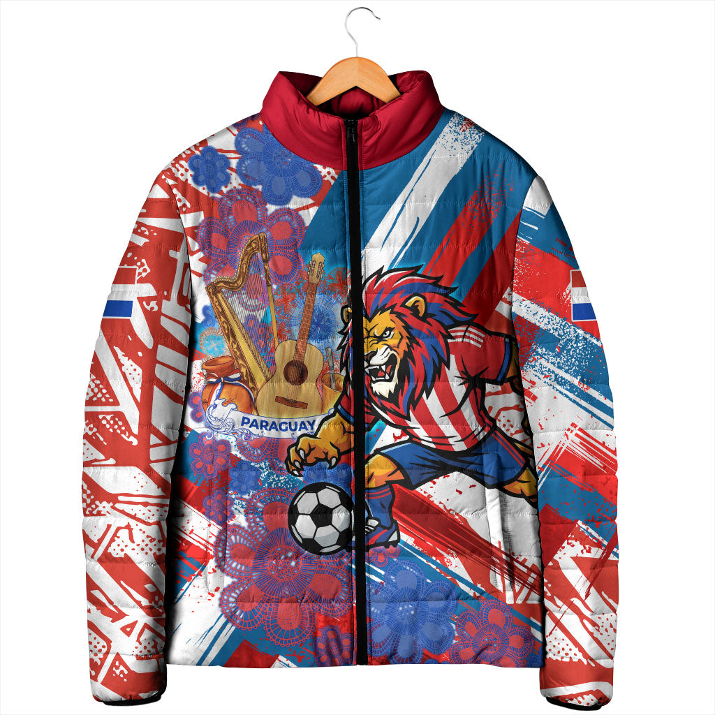 Personalized Paraguay Soccer Padded Jacket Lion Football Mascot - Guarani Folk Art - Traditional Harp And Guitar