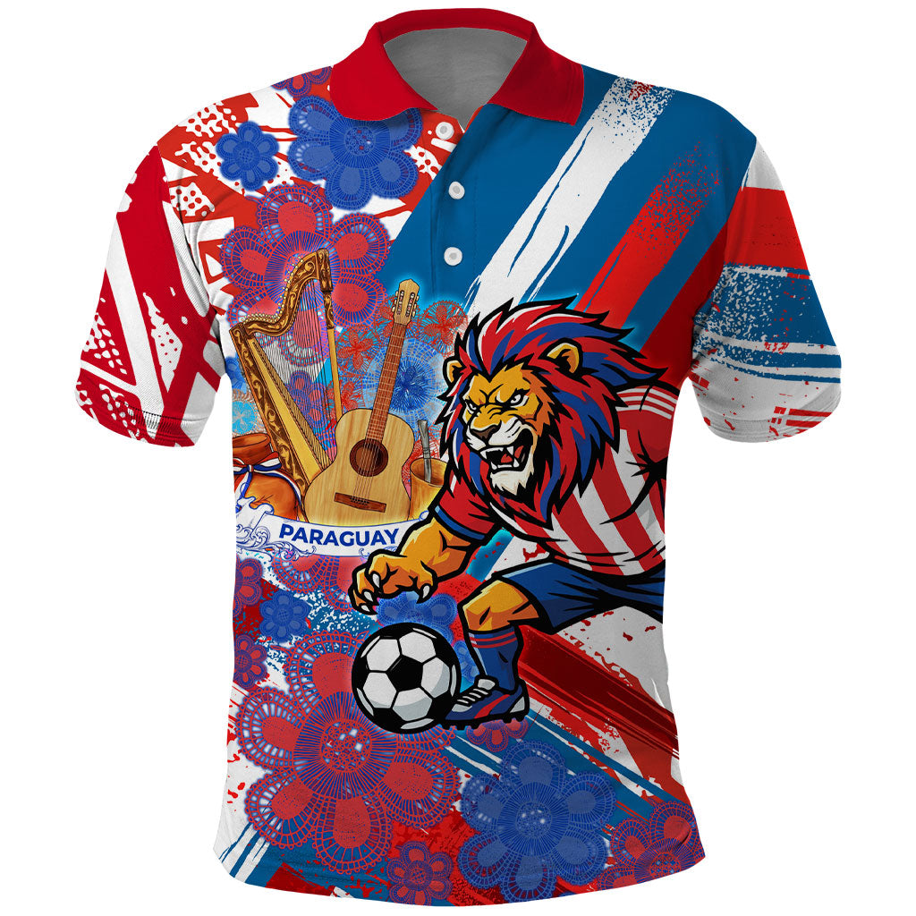 Personalized Paraguay Soccer Polo Shirt Lion Football Mascot - Guarani Folk Art - Traditional Harp And Guitar