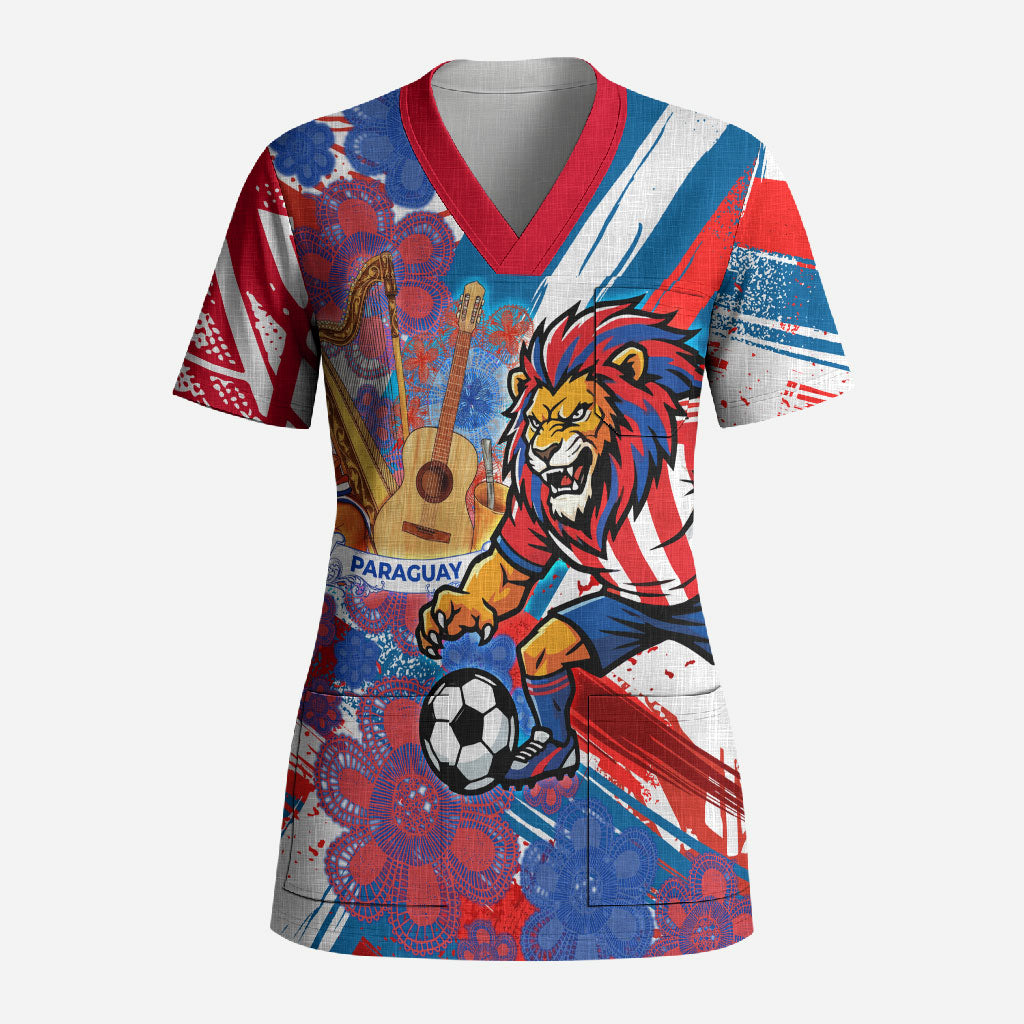 Personalized Paraguay Soccer Scrub Top Lion Football Mascot - Guarani Folk Art - Traditional Harp And Guitar
