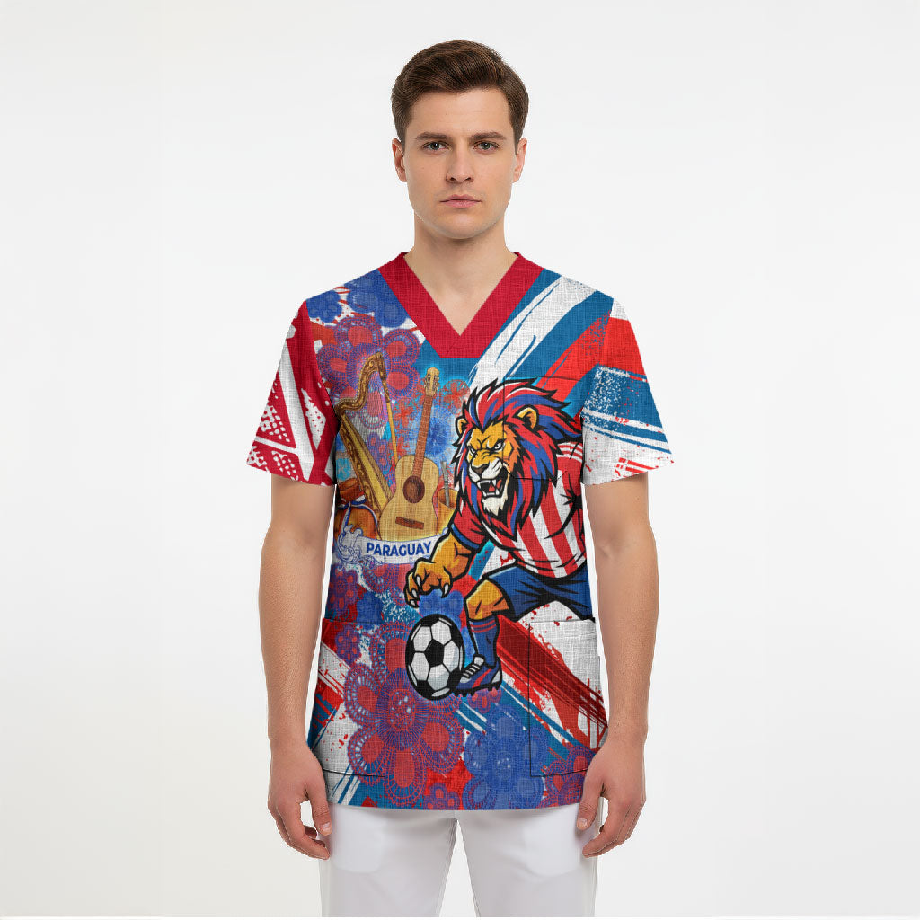 Personalized Paraguay Soccer Scrub Top Lion Football Mascot - Guarani Folk Art - Traditional Harp And Guitar