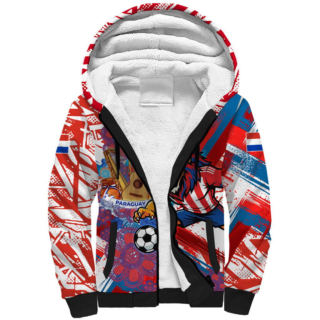 Personalized Paraguay Soccer Sherpa Hoodie Lion Football Mascot - Guarani Folk Art - Traditional Harp And Guitar