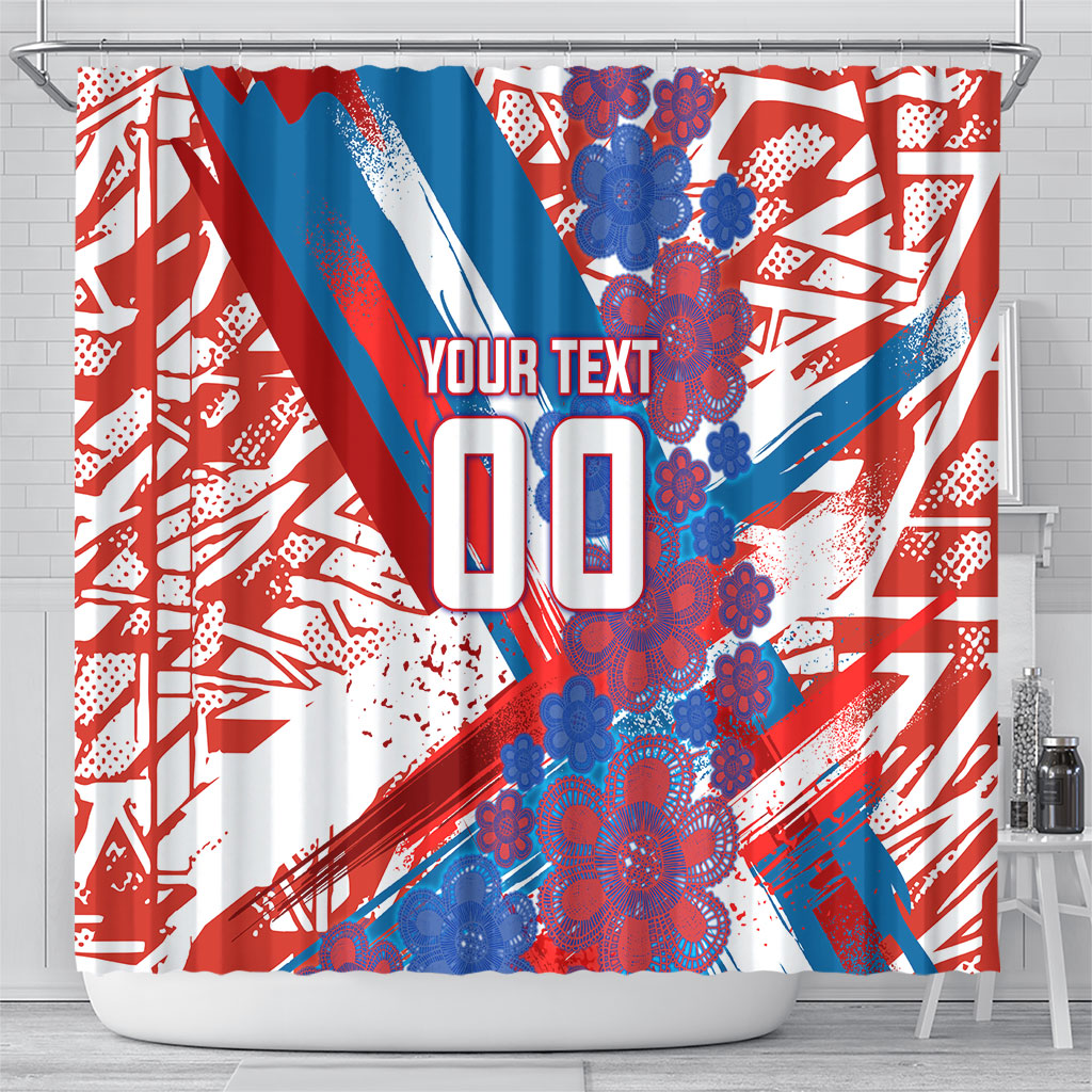 Personalized Paraguay Soccer Shower Curtain Lion Football Mascot - Guarani Folk Art - Traditional Harp And Guitar