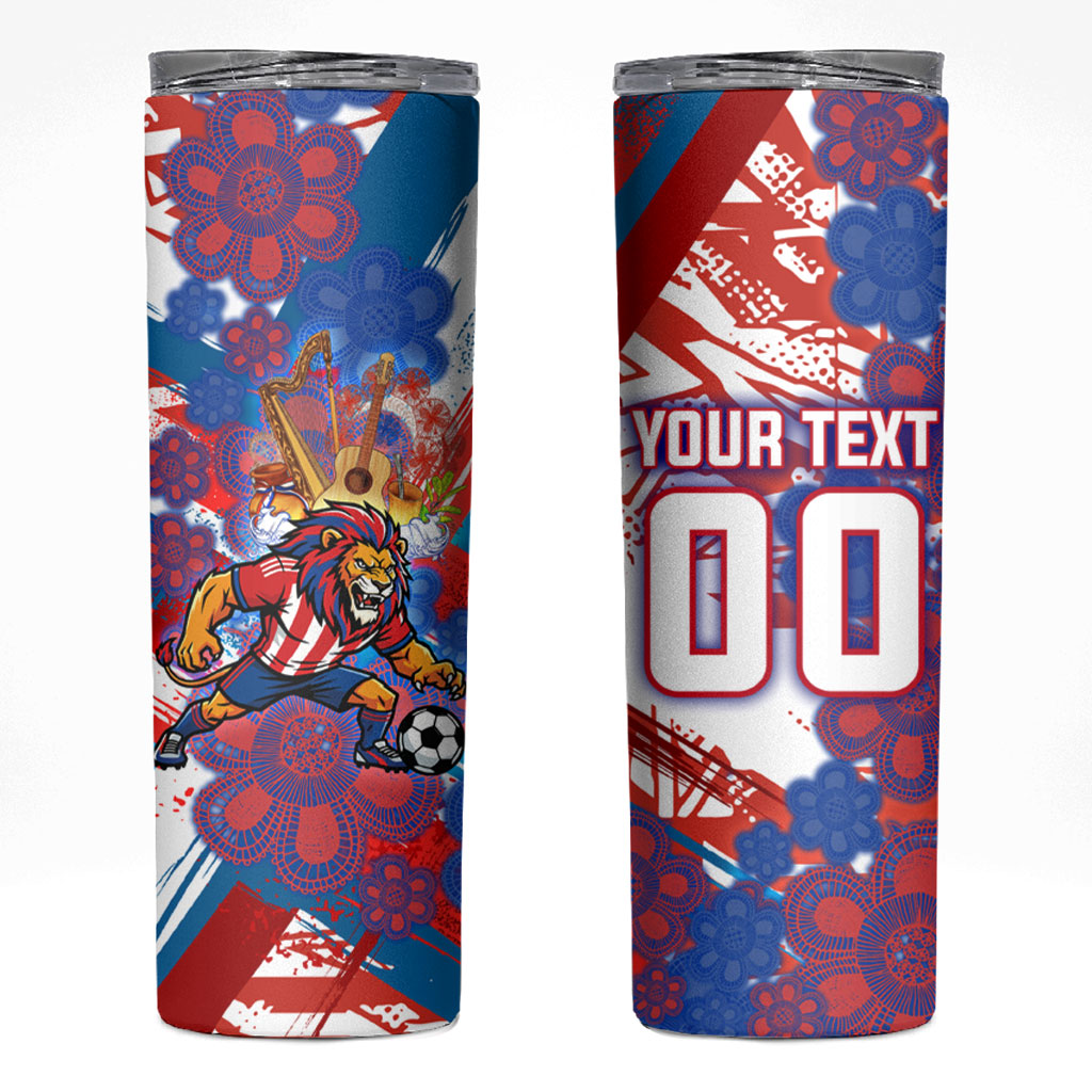 Personalized Paraguay Soccer Skinny Tumbler Lion Football Mascot - Guarani Folk Art - Traditional Harp And Guitar