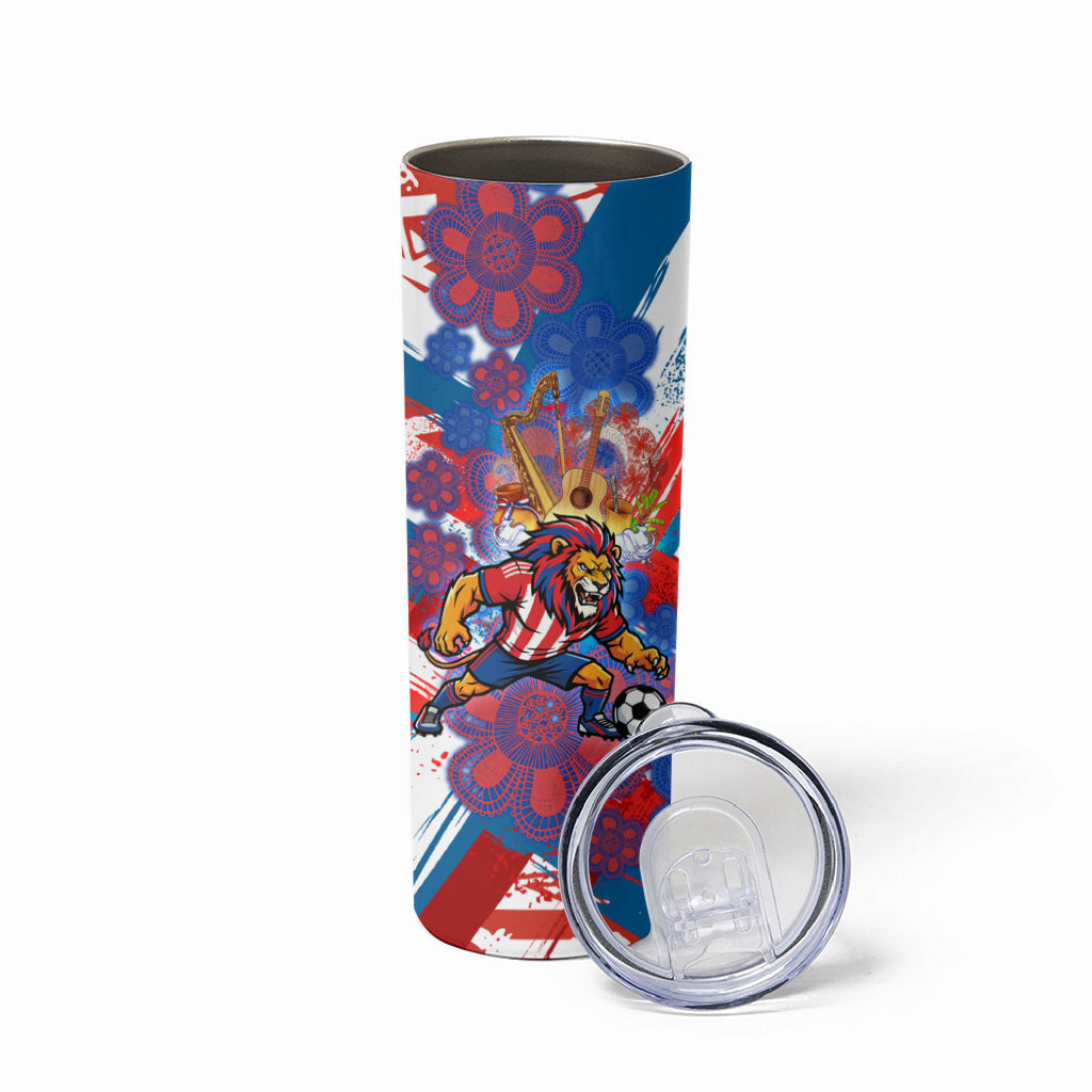 Personalized Paraguay Soccer Skinny Tumbler Lion Football Mascot - Guarani Folk Art - Traditional Harp And Guitar
