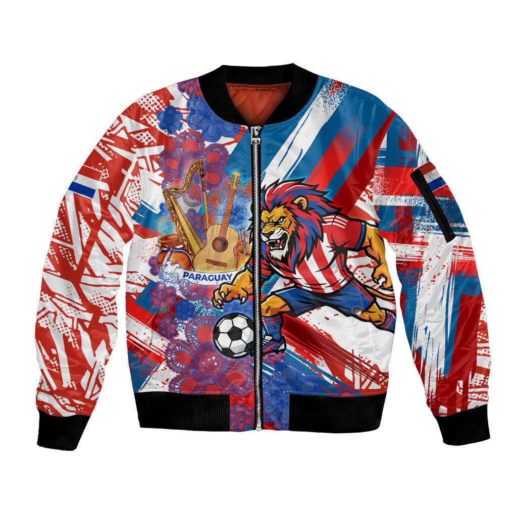 Personalized Paraguay Soccer Sleeve Zip Bomber Jacket Lion Football Mascot - Guarani Folk Art - Traditional Harp And Guitar