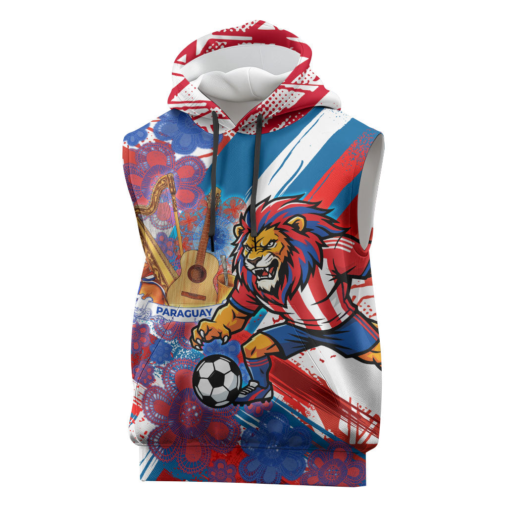 Personalized Paraguay Soccer Sleeveless Hoodie Lion Football Mascot - Guarani Folk Art - Traditional Harp And Guitar