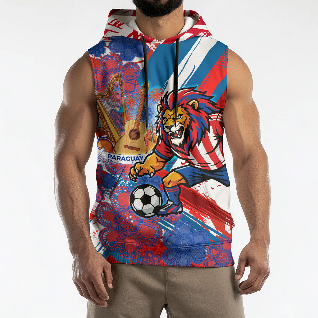 Personalized Paraguay Soccer Sleeveless Hoodie Lion Football Mascot - Guarani Folk Art - Traditional Harp And Guitar