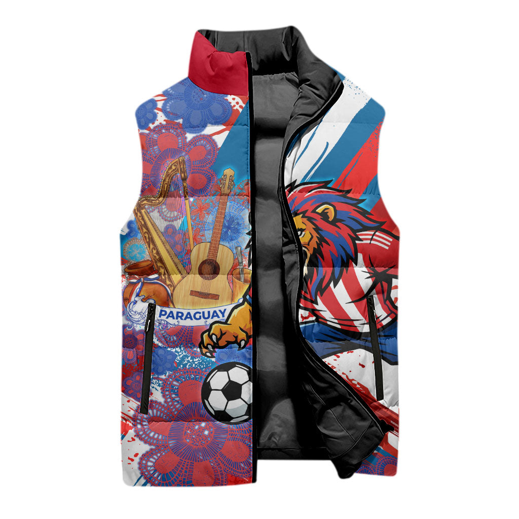Personalized Paraguay Soccer Sleeveless Puffer Jacket Lion Football Mascot - Guarani Folk Art - Traditional Harp And Guitar