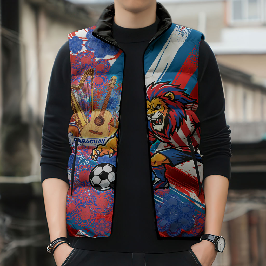 Personalized Paraguay Soccer Sleeveless Puffer Jacket Lion Football Mascot - Guarani Folk Art - Traditional Harp And Guitar
