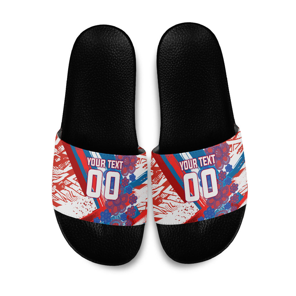 Personalized Paraguay Soccer Slide Sandals Lion Football Mascot - Guarani Folk Art - Traditional Harp And Guitar