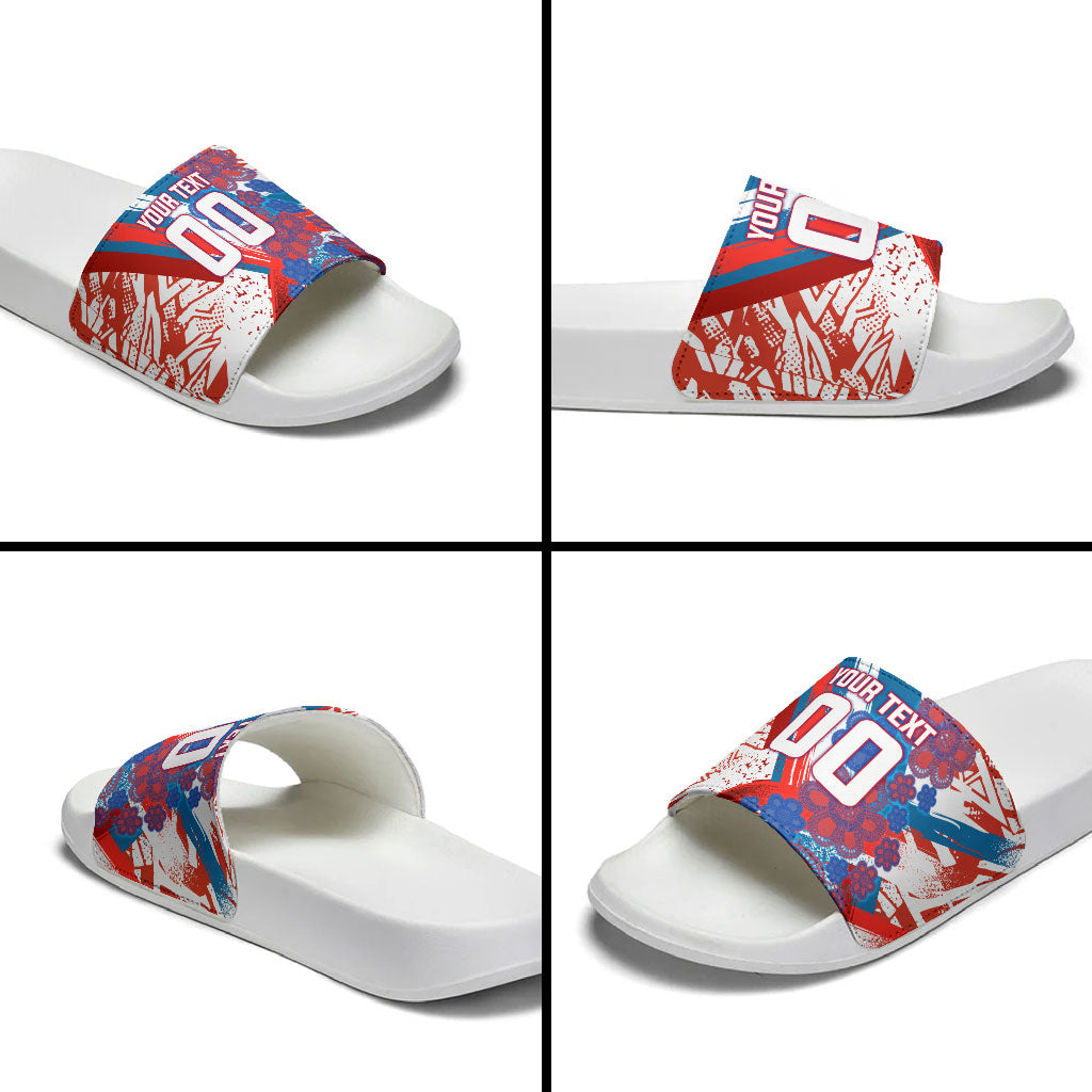 Personalized Paraguay Soccer Slide Sandals Lion Football Mascot - Guarani Folk Art - Traditional Harp And Guitar