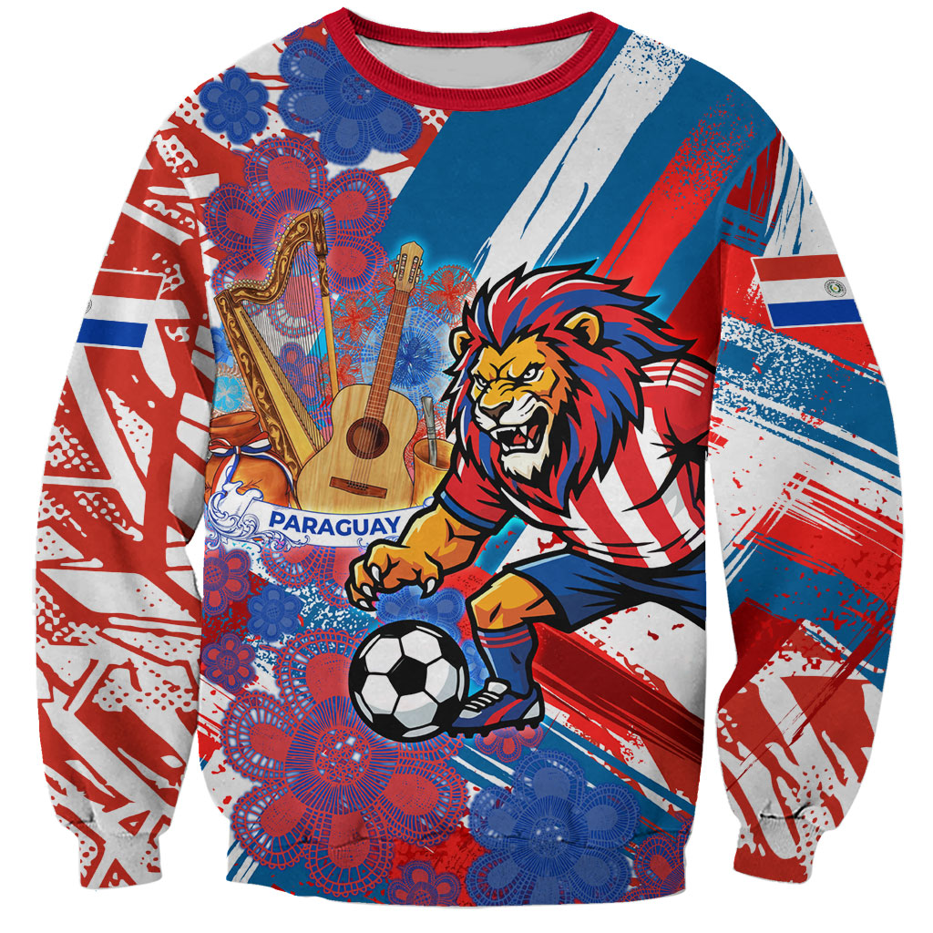 Personalized Paraguay Soccer Sweatshirt Lion Football Mascot - Guarani Folk Art - Traditional Harp And Guitar