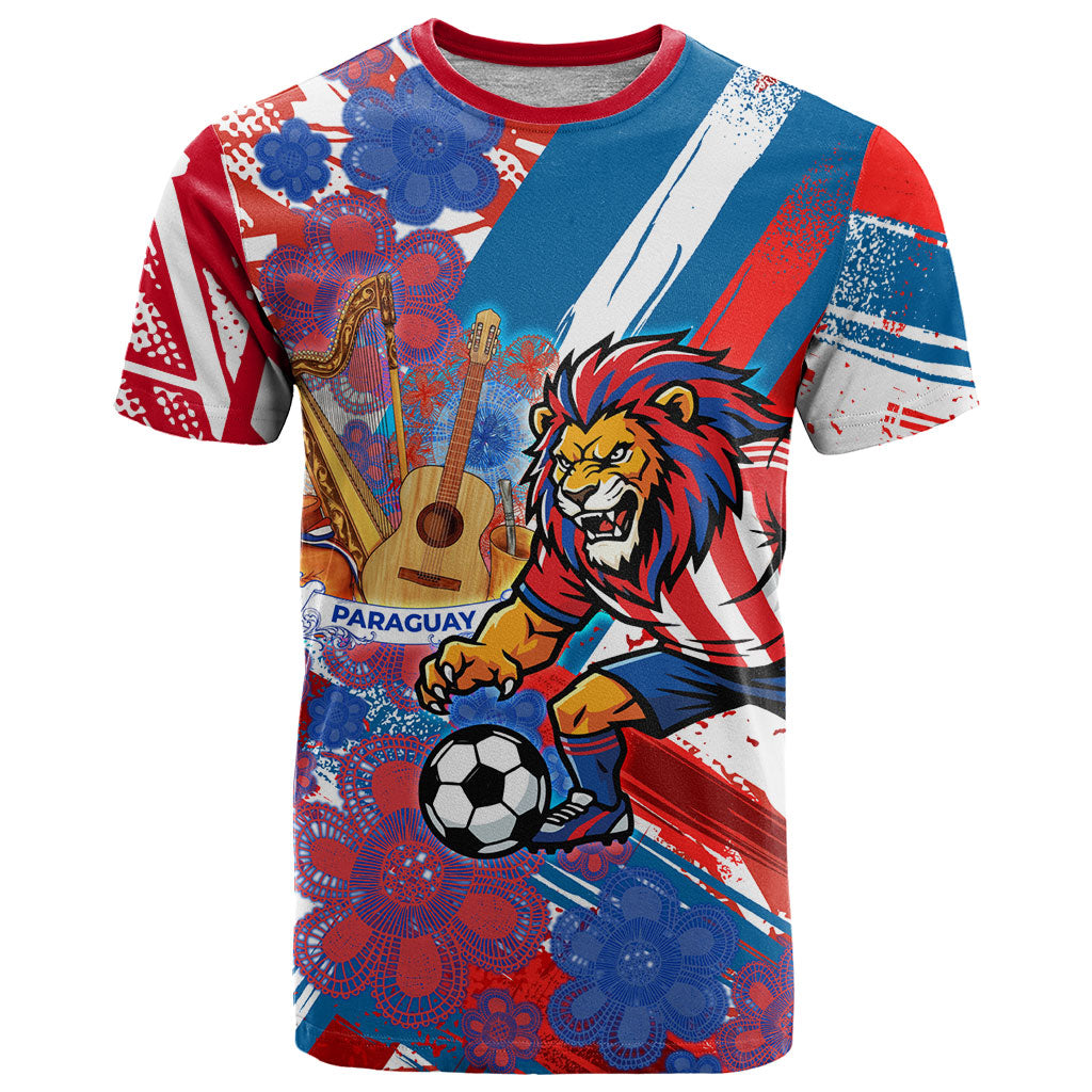 Personalized Paraguay Soccer T Shirt Lion Football Mascot - Guarani Folk Art - Traditional Harp And Guitar