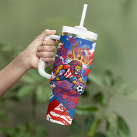 Personalized Paraguay Soccer Tumbler With Handle Lion Football Mascot - Guarani Folk Art - Traditional Harp And Guitar